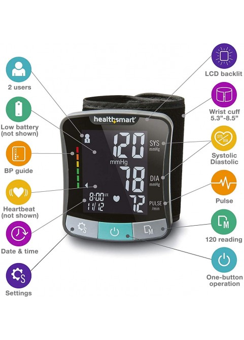 HealthSmart Digital Blood Pressure Monitor with Automatic Wrist Cuff that Displays Blood Pressure, Pulse Rate and Irregular Heartbeat, Stores up to 120 Readings for 2 Users, Black