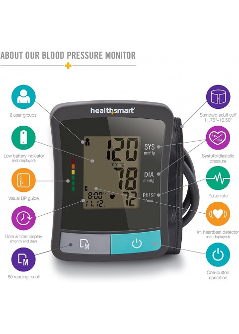 HealthSmart Digital Blood Pressure Monitor with Automatic Wrist Cuff that Displays Blood Pressure, Pulse Rate and Irregular Heartbeat, Stores up to 120 Readings for 2 Users, Black